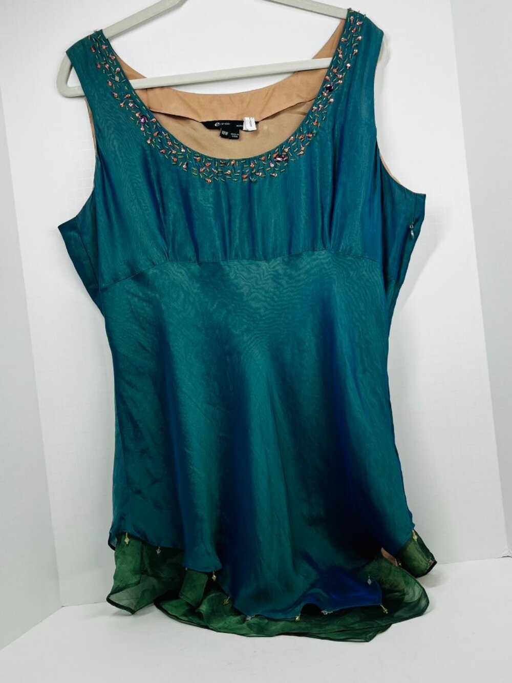 E by eci Blue & Green Beaded  Handkerchief Hem Silk Blend Fairycore Tank Top 18W